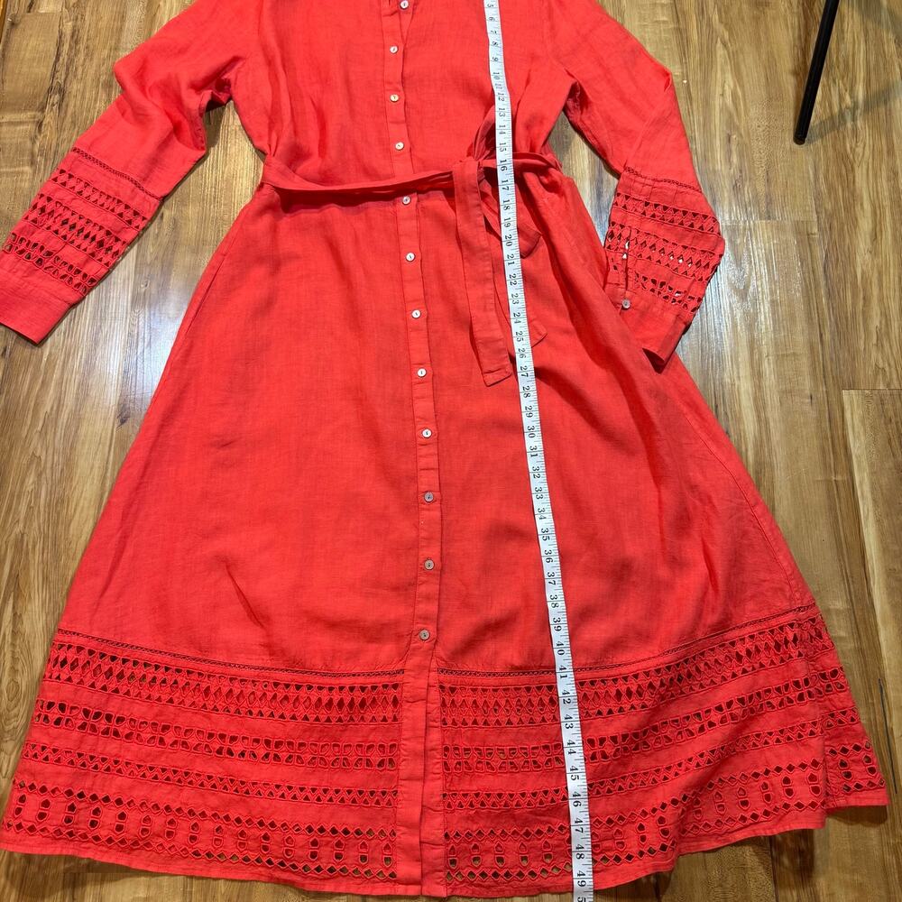 120% Lino Coral Bold Pink Linen Natural Fiber Italian Summer Eyelet Dress L / 48 - Picture 4 of 10